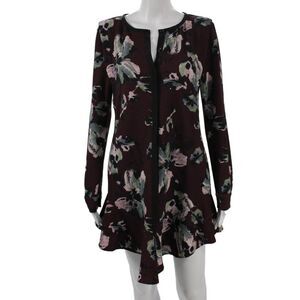 Cosette Women Trapeze Swing Floral V Neck Button Long Sleeve Short Dress Size S